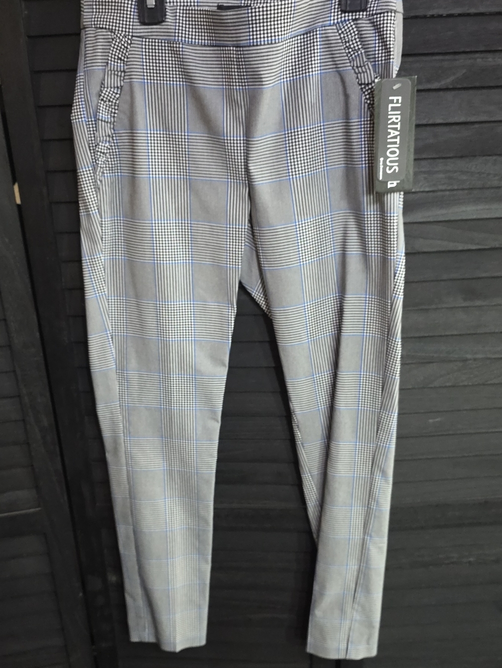 Flirtatious Women's Gray Plaid Dress Pants with Blue Windowpane
